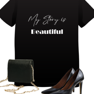 Black shirt with white font, my story is beautiful with black heel shoes and black purse with gold chain.