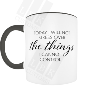 White mug with black handle and interior with inspirational words.