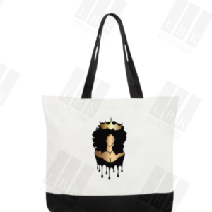 White tote with black handles featuring queen with a crown