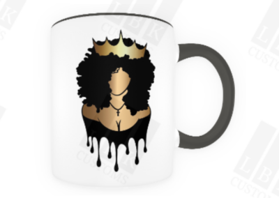 White mug with black handles featuring queen with a crown