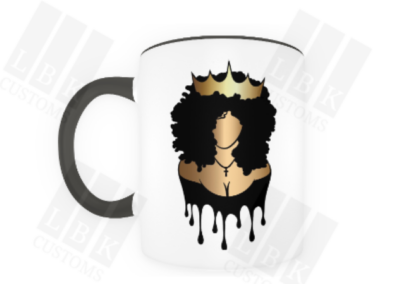White mug with black handles featuring queen with a crown