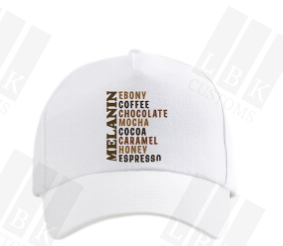 Hat with melanin colors in text with black handle and black base.