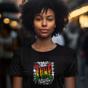 African American Woman with black curly hair wearing a black shirt with Juneteenth image
