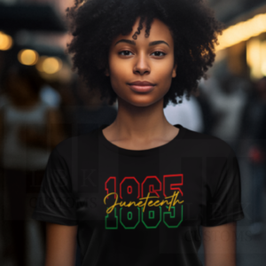 African American woman with black curly hair wearing a black shirt with Juneteenth 1865