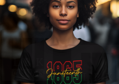 African American woman with black curly hair wearing a black shirt with Juneteenth 1865