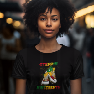 African American woman with black curly hair with a black tee- Steppin in