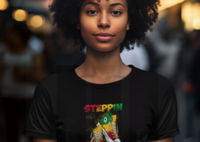 African American woman with black curly hair with a black tee- Steppin in
