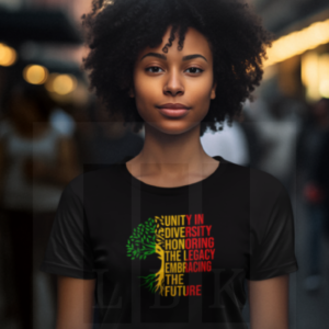 African American woman with curly short hair wearing black Juneteenth Roots Tee