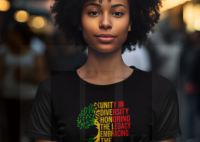 African American woman with curly short hair wearing black Juneteenth Roots Tee