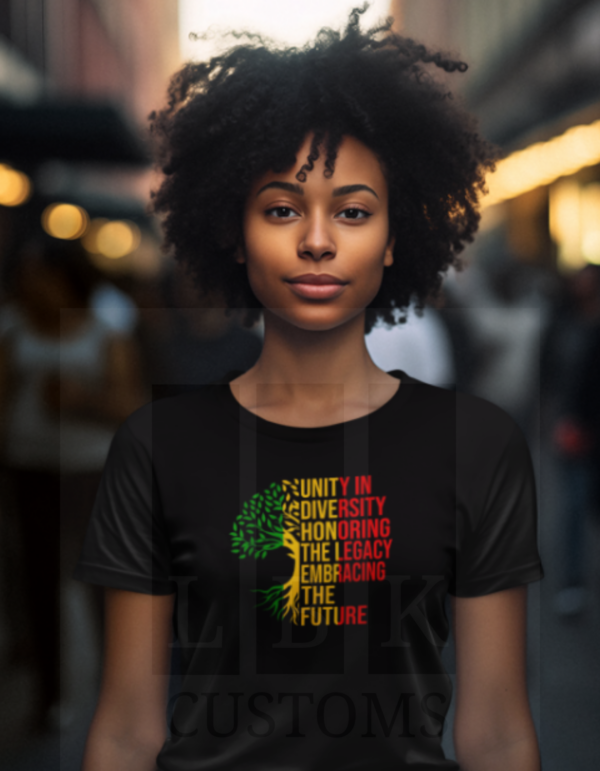 African American woman with curly short hair wearing black Juneteenth Roots Tee