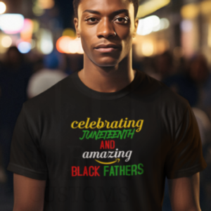 African American male wearing black Juneteenth shirt
