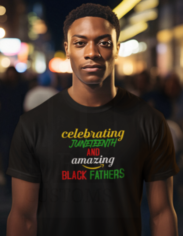 African American male wearing black Juneteenth shirt