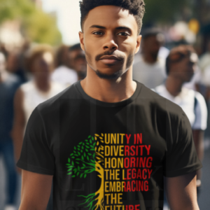African American Male wearing black shirt with Juneteenth roots shirt