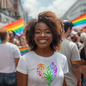 Woman with short curly afro smiling with white shirt and pride heart image