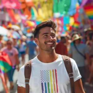 person smiling with white tee with pride color flag design on shirt.