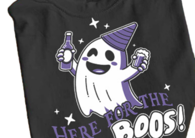 Black Shirt with Halloween decor- here for the Boos text