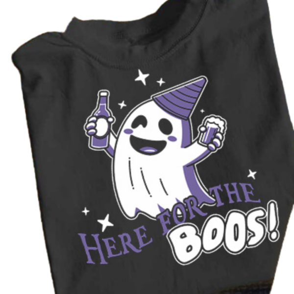 Black Shirt with Halloween decor- here for the Boos text