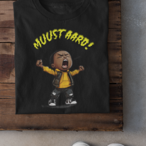 Black shirt with Mustard text with image