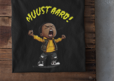 Black shirt with Mustard text with image