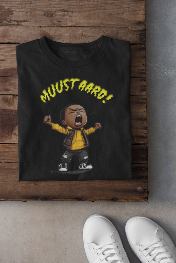 Black shirt with Mustard text with image